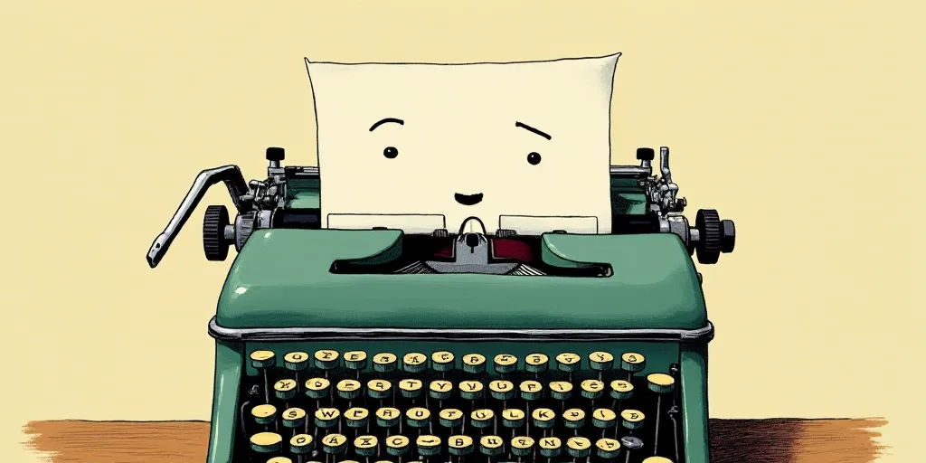 a typewriter with a face drawn on it and a caption for the words opinion and a question, Edward Otho