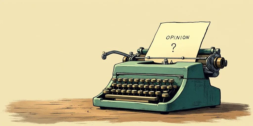 a typewriter with a face drawn on it and a caption for the words opinion and a question, Edward Otho