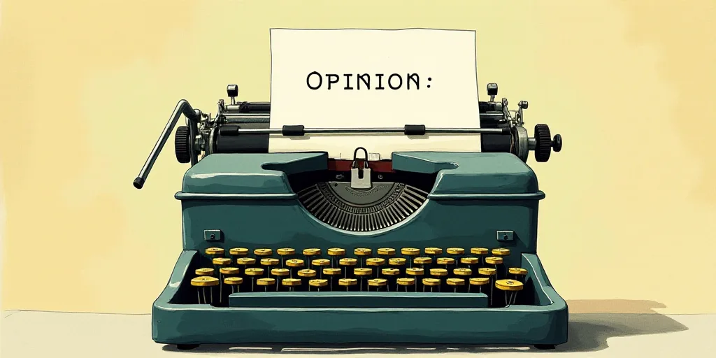 a typewriter with a face drawn on it and a caption for the words opinion and a question, Edward Otho