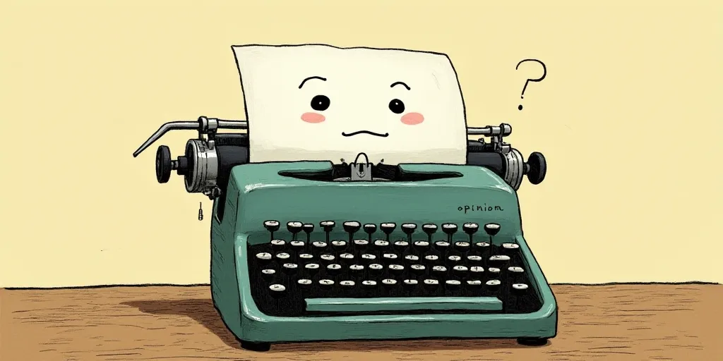 a typewriter with a face drawn on it and a caption for the words opinion and a question, Edward Otho