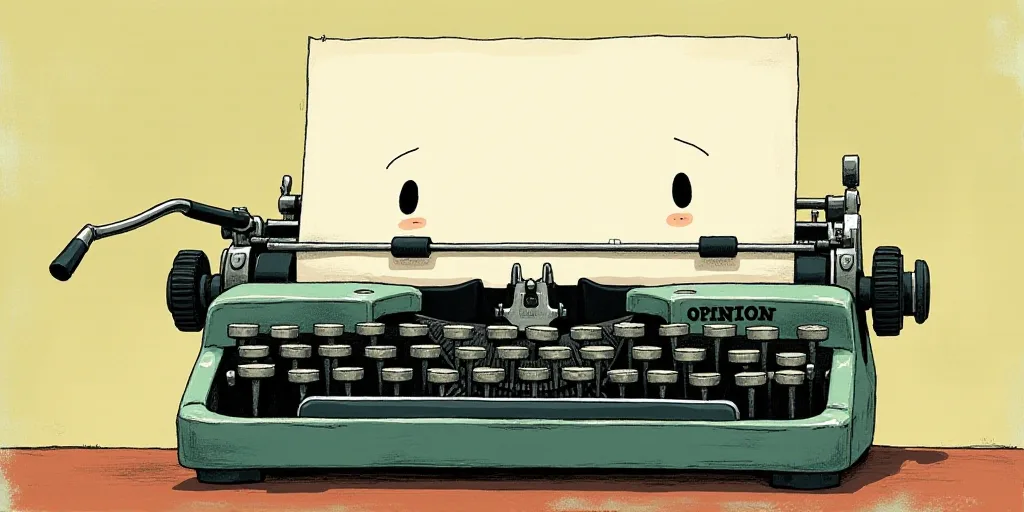 a typewriter with a face drawn on it and a caption for the words opinion and a question, Edward Otho