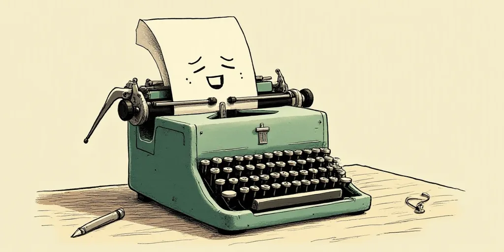 a typewriter with a face drawn on it and a caption for the words opinion and a question, Edward Otho