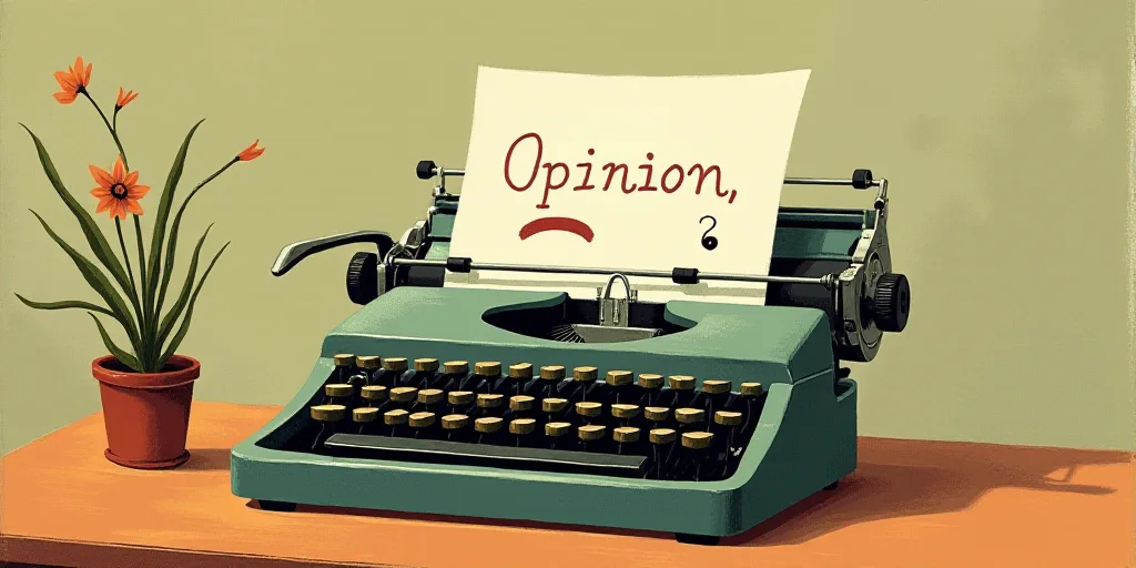 a typewriter with a face drawn on it and a caption for the words opinion and a question, Edward Otho