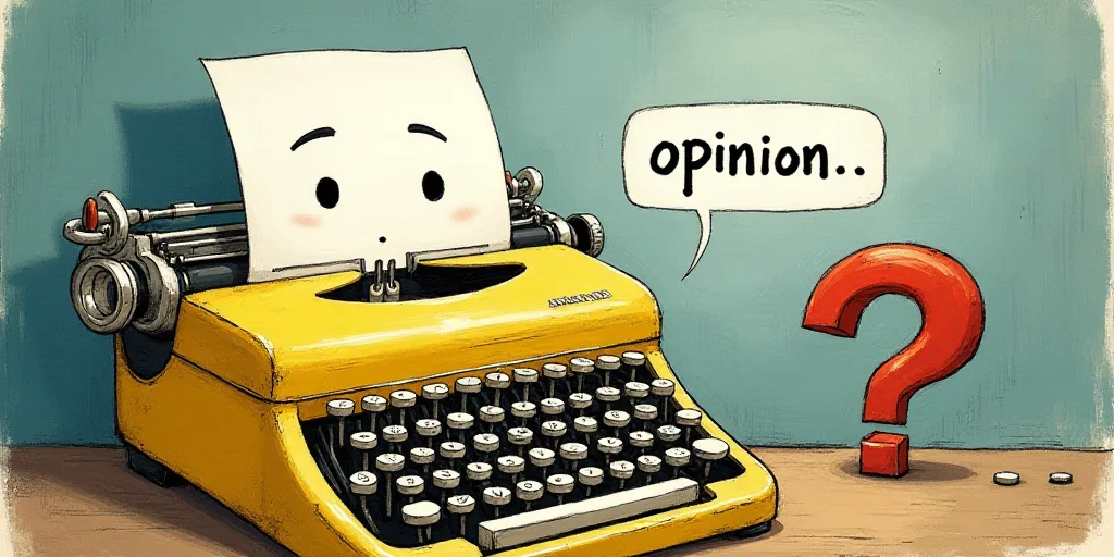 a typewriter with a face drawn on it and a caption for the words opinion and a question, Edward Otho
