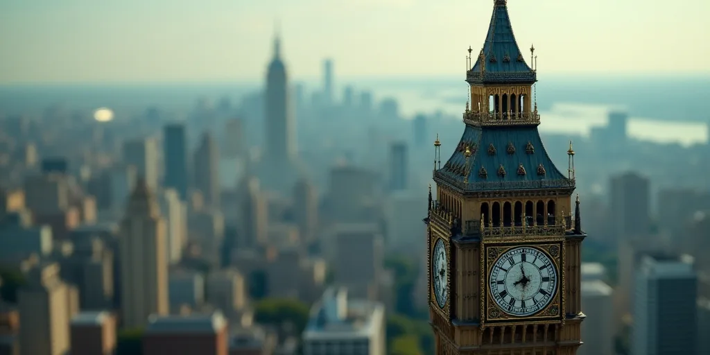 a view of a city from a high rise building with a clock tower in the foreground and a large clock on
