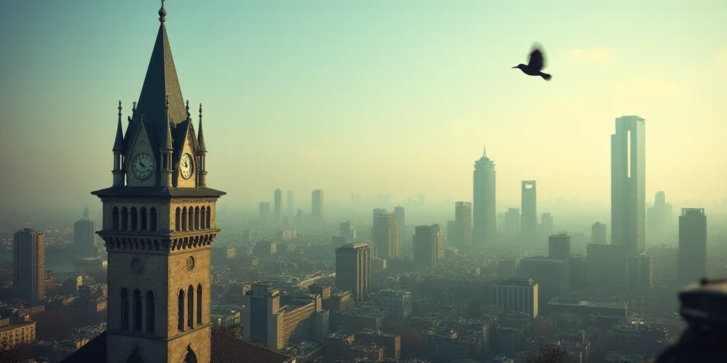 a view of a city with tall buildings and a clock tower in the foreground, and a bird flying overhead