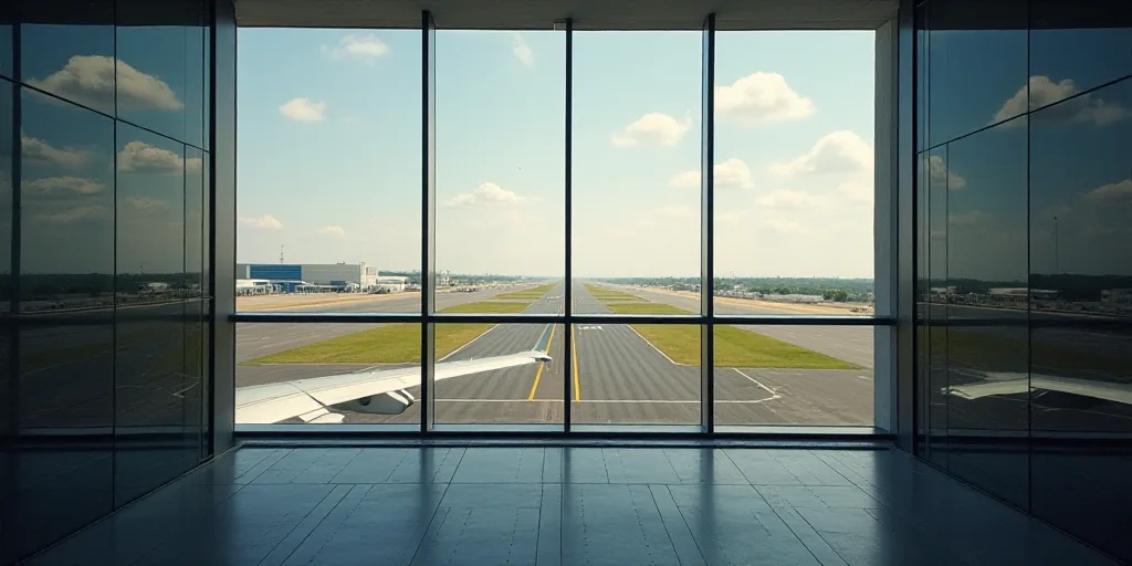 a view of a runway from a window of a building with a view of a plane on the ground, Ei-Q, award-win