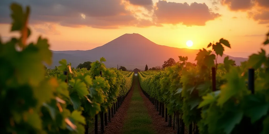 a vineyard with vines in the foreground and a mountain in the background at sunset with clouds in th