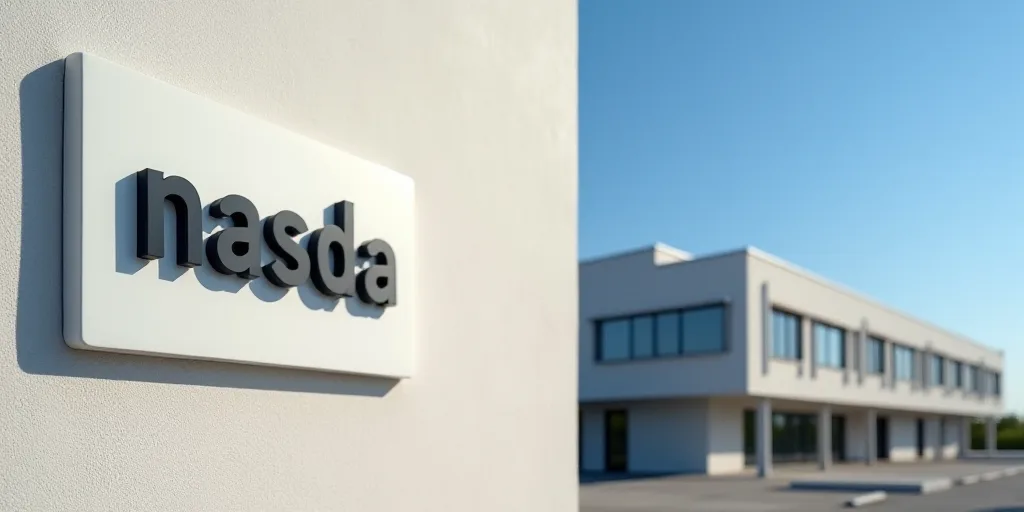 a wall with a sign that says nasda on it and a building in the background with a blue sky, Andries S