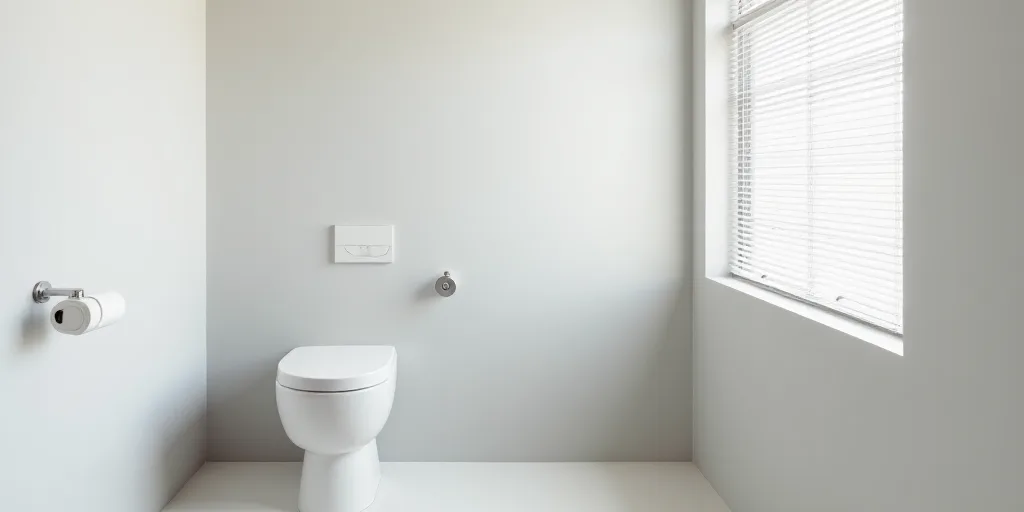 a white bathroom with a toilet and a window with blinds on it's side and a toilet seat, David Chippe