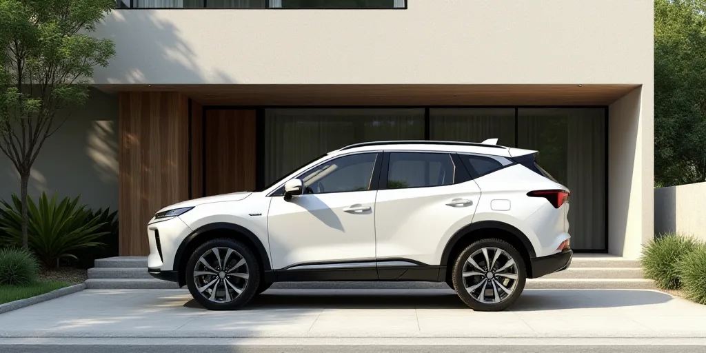 a white suv parked in front of a house with a car parked in front of it and a car door open, Cui Bai