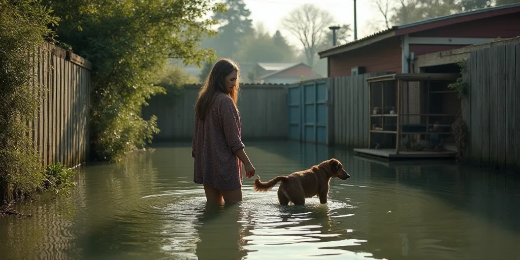 a woman and a dog in a flooded backyard area with a cage and a bird cage in the background, Bernt Tu