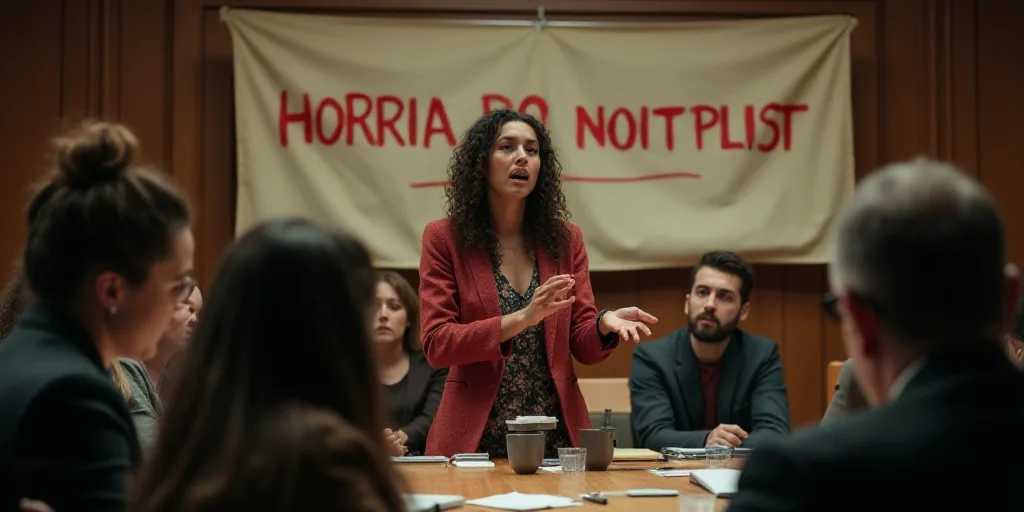 a woman giving a speech at a meeting with other people sitting around a table and a sign behind her,