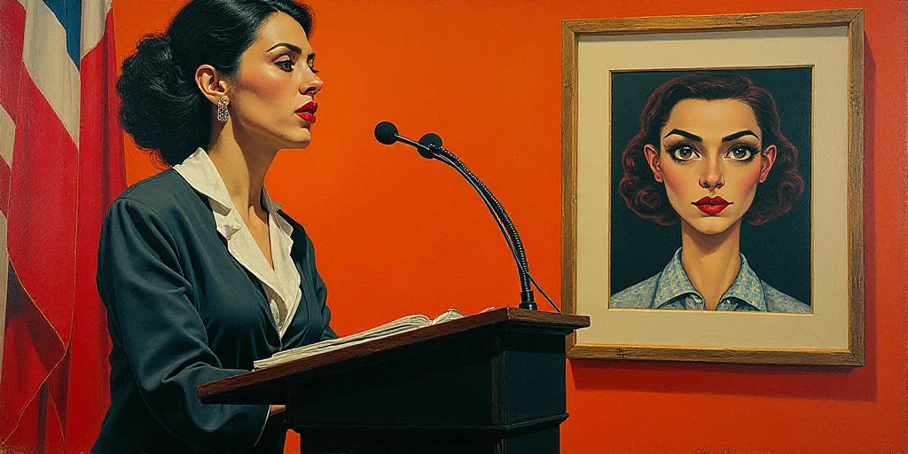 a woman giving a speech at a podium with a flag behind her and a picture of a woman behind her, Davi