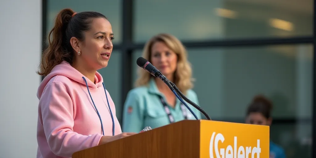 a woman giving a speech at a podium with a microphone in front of her and a sign behind her, Araceli