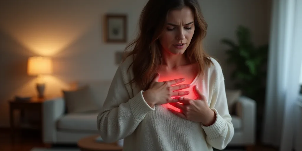 a woman having a chest pain in her living room, with her hands on her chest and her hand on her ches