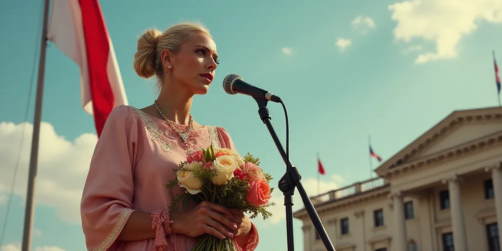 a woman holding a bouquet of flowers and a microphone in front of a flag and a building with a flag,