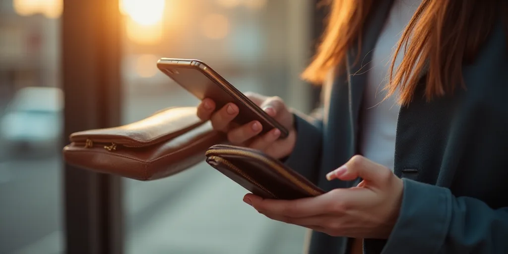 a woman holding a cell phone in her hand and a woman holding a wallet in her other hand with a cell