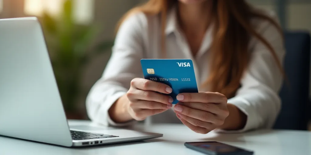 a woman holding a credit card and a cell phone in her hand while sitting at a desk with a laptop and