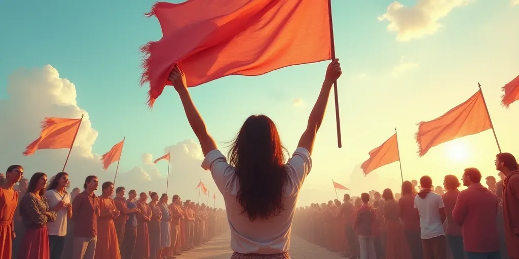 a woman holding a flag in the air with her hands up in the air and a crowd of people watching, Ada G