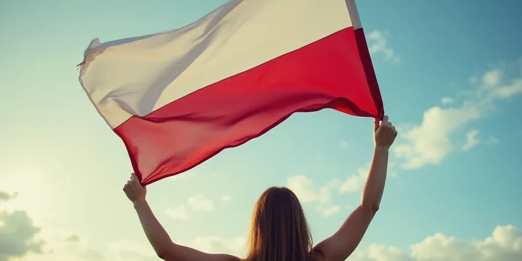 a woman holding a flag in the air with her hands up in the air and a sky background with clouds, Ada