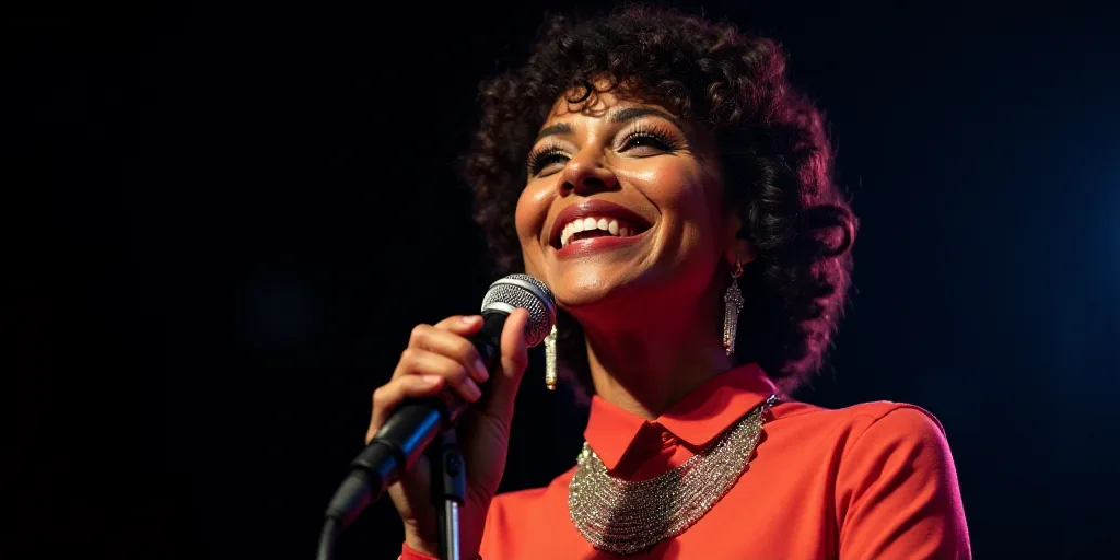 a woman holding a microphone and singing into a microphone with a smile on her face and a microphone