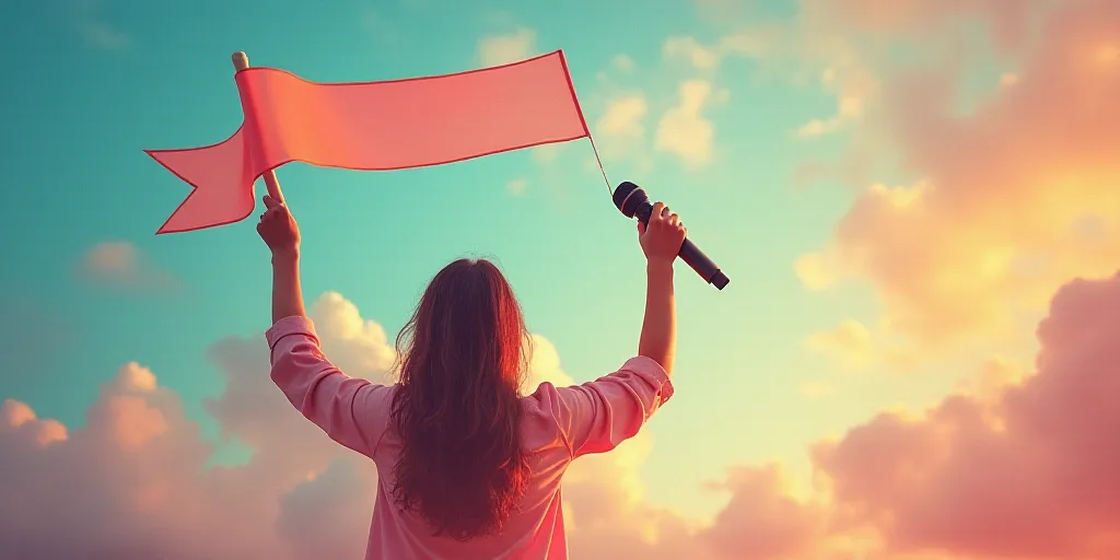a woman holding a microphone up in the air with a banner in the air above her head and a ribbon in t