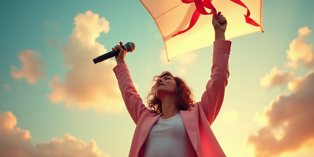 a woman holding a microphone up in the air with a banner in the air above her head and a ribbon in t