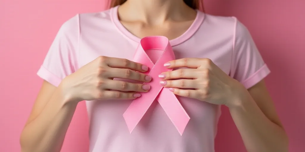 a woman holding a pink ribbon in her hands with both hands together to show the pink ribbon on her c