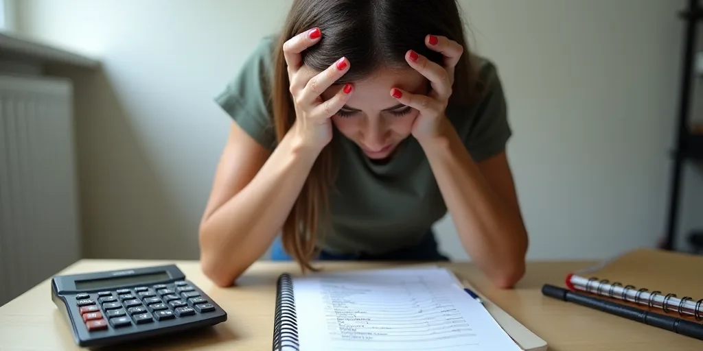 a woman holding her head in her hands with a calculator and a notebook on her desk next to a calcula