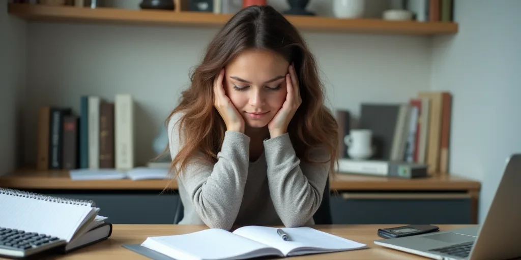 a woman holding her head in her hands with a calculator and a notebook on her desk next to a calcula