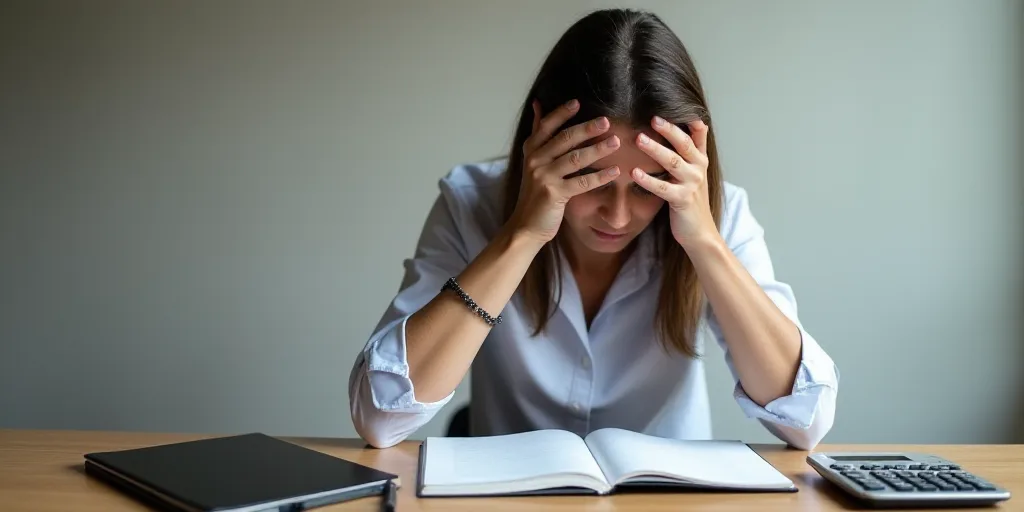 a woman holding her head in her hands with a calculator and a notebook on her desk next to a calcula