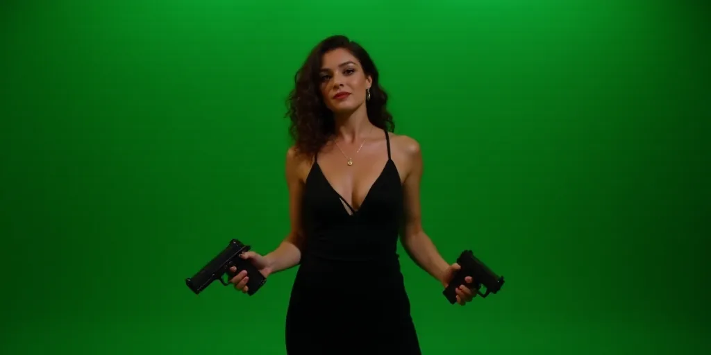 a woman in a black dress holding two guns in her hands and a green background behind her is a stage