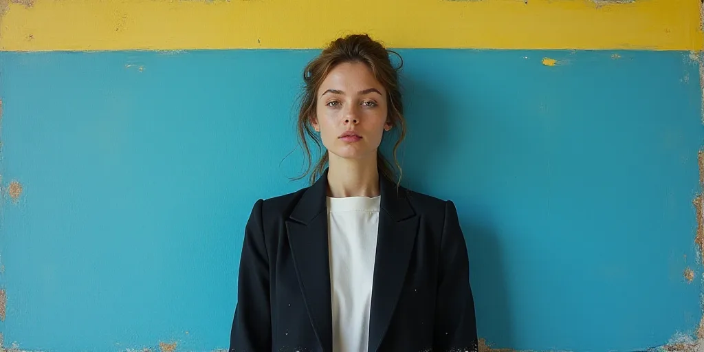 a woman in a black jacket and white shirt is standing in front of a blue background with a yellow bo