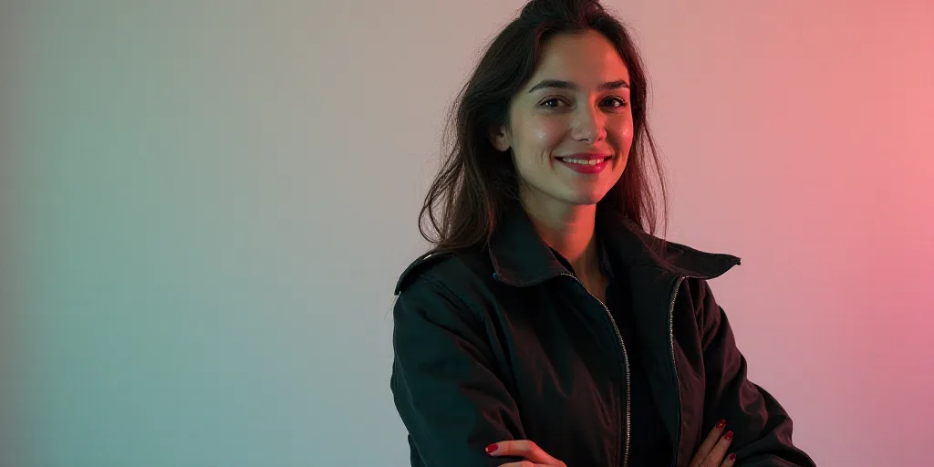 a woman in a black jacket is smiling for the camera with her arms crossed and her hands folded in fr
