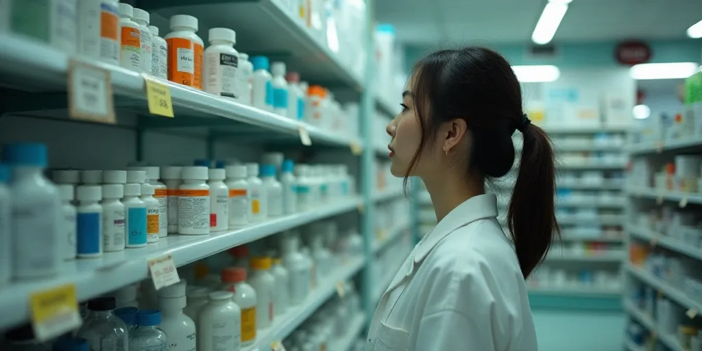 a woman in a pharmacy shop looking at a shelf of medicine bottles and other items on shelving units,