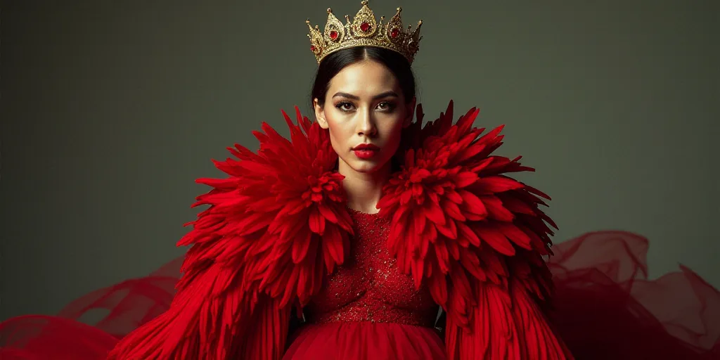a woman in a red dress and a crown on her head and a red feathered jacket on her shoulders, David La