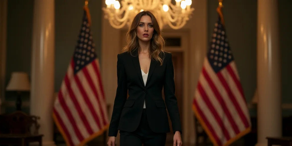 a woman in a suit and tie walking in a room with two american flags in the background and a chandeli