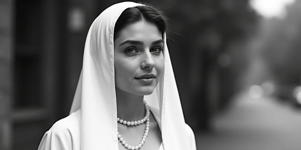 a woman in a white dress and a white scarf on her head and a black and white photo of her, Araceli G