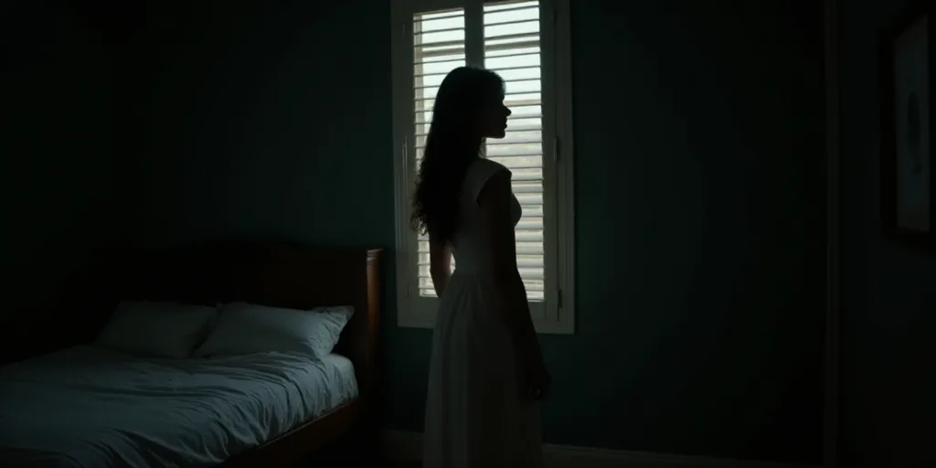 a woman in a white dress standing in a dark room next to a bed and a window with blinds, Araceli Gil