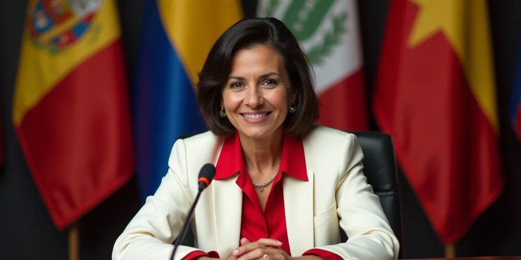a woman in a white jacket and red shirt sitting at a table with flags behind her and a microphone in