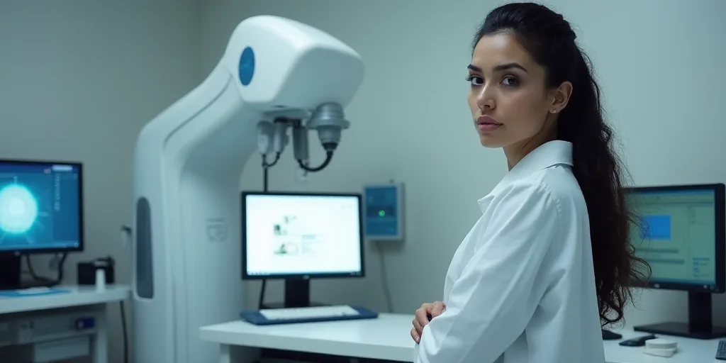 a woman in a white lab coat standing in front of a machine and monitors in a room with other medical