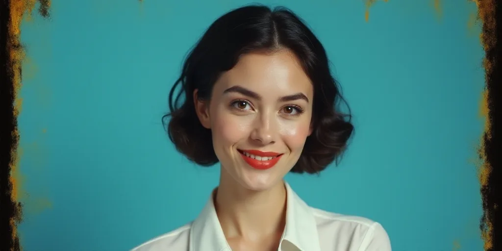 a woman in a white shirt is smiling for the camera with a blue background and a black and yellow bor