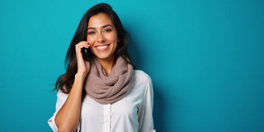 a woman in a white shirt is talking on a cell phone and has a scarf around her neck and a blue backg