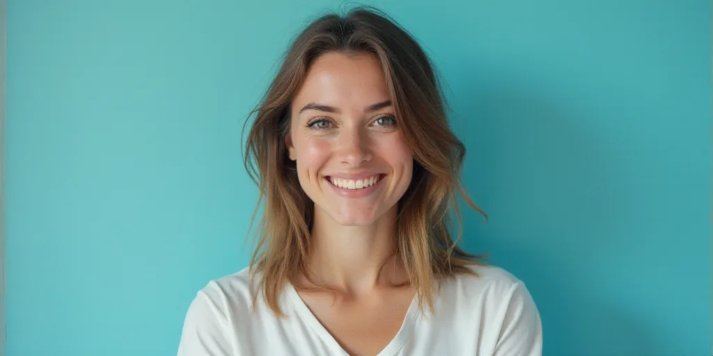 a woman in a white top is smiling for the camera with a blue background and a black and yellow borde