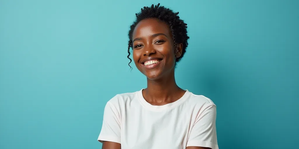 a woman in a white top is smiling for the camera with a blue background and a black and yellow borde