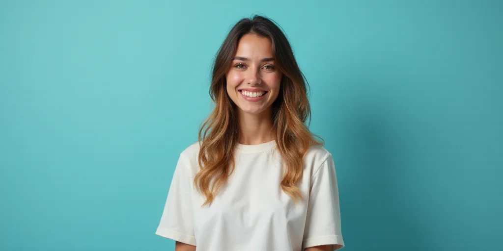 a woman in a white top is smiling for the camera with a blue background and a black and yellow borde