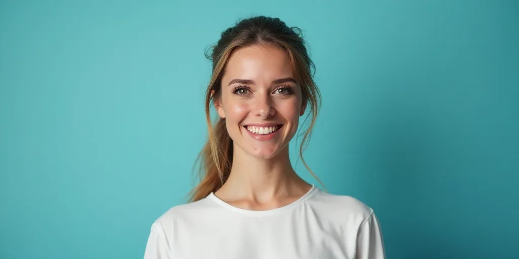 a woman in a white top is smiling for the camera with a blue background and a black and yellow borde