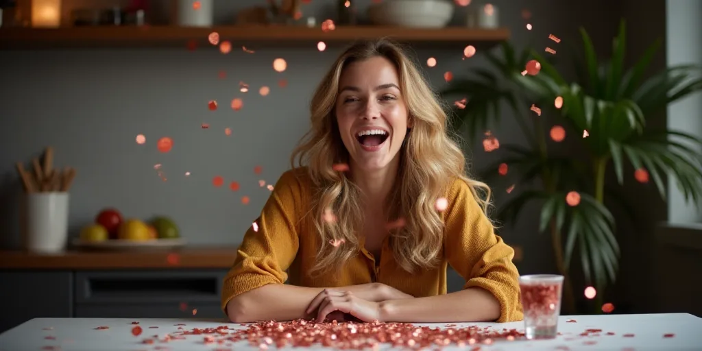 a woman is excited about her new year's resolution with confetti and confetti on the table, Claire D