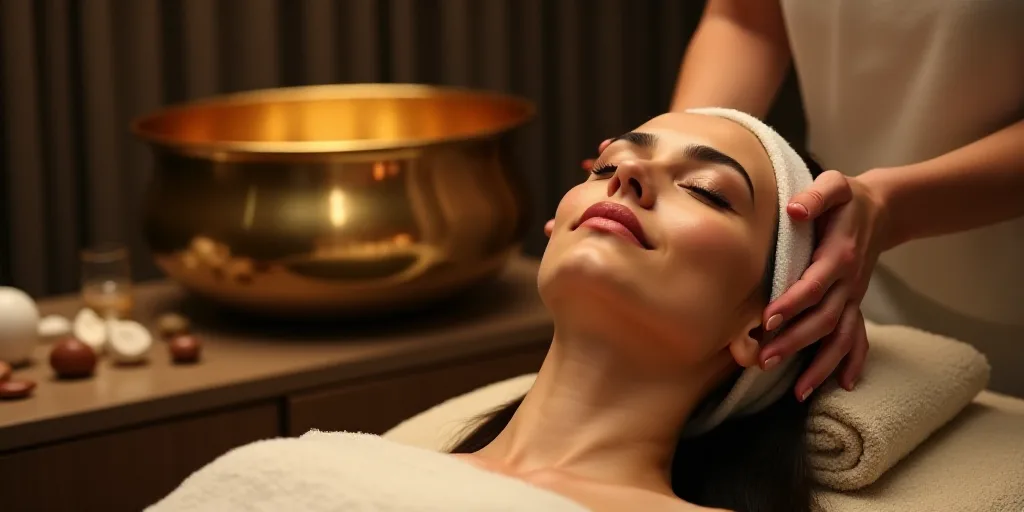 a woman is getting a facial massage at a spa room with a large golden bowl and a large metal bowl, E